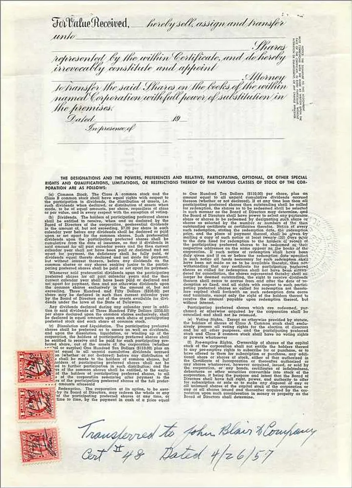 Ação da empresa John Blair & Company — Ação da classe B — N° 21 - Verso