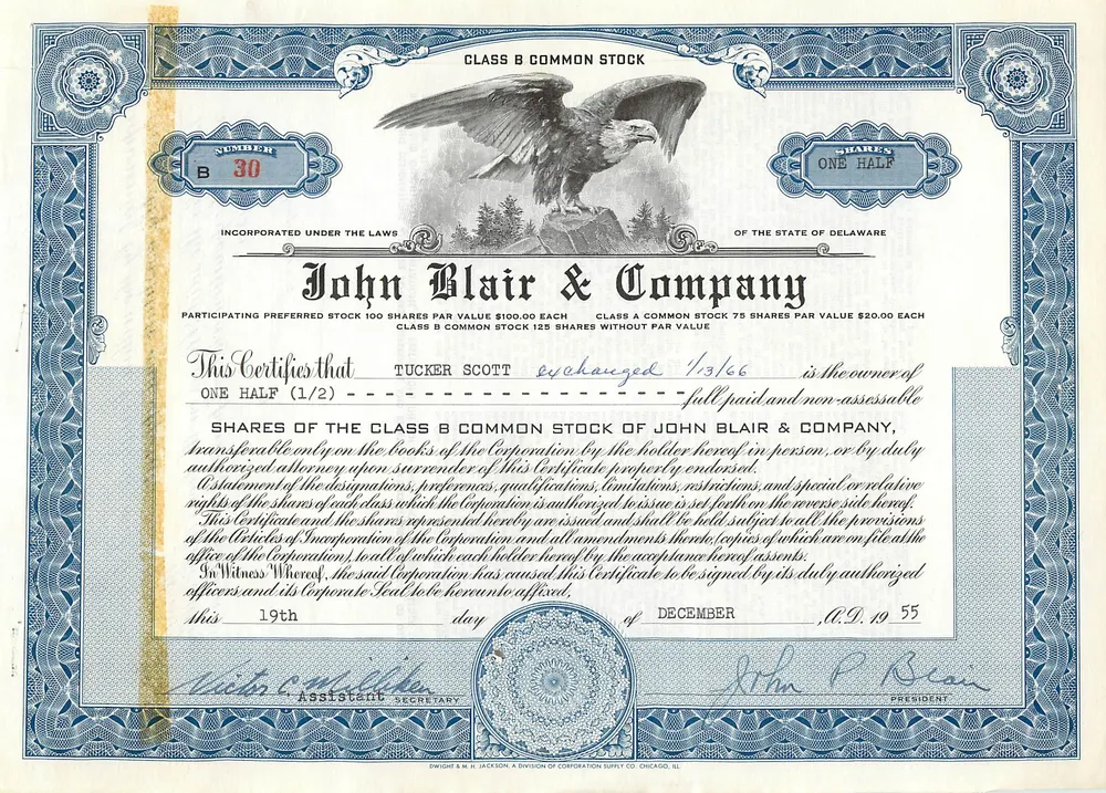 Ação de estoque da empresa John Blair & Company — Classe B Comum — N° 30 - Frente