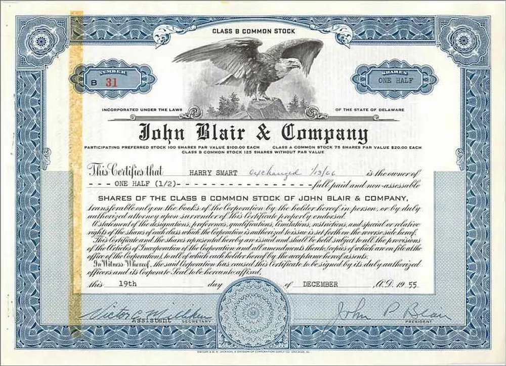 Ação da empresa John Blair & Company — Ação de classe B — emitida em 1955 - Frente