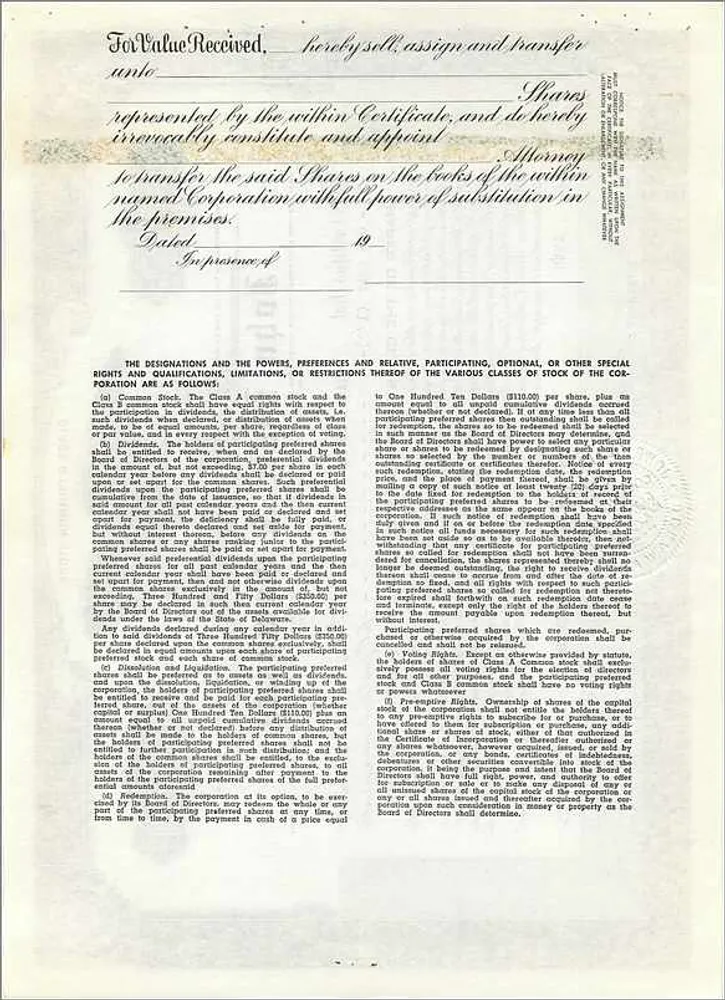Ação da empresa John Blair & Company — Ação de classe B — emitida em 1955 - Verso