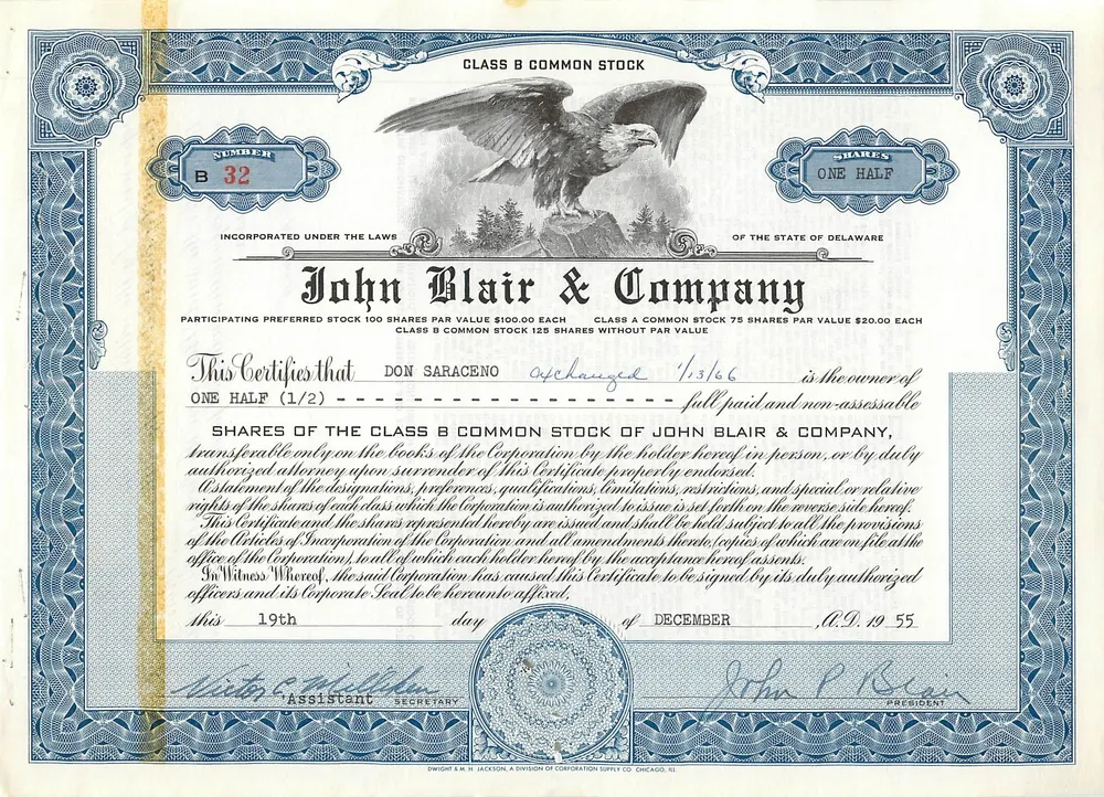 Ação da empresa John Blair & Company — Ação da classe B — N° 32 - Frente