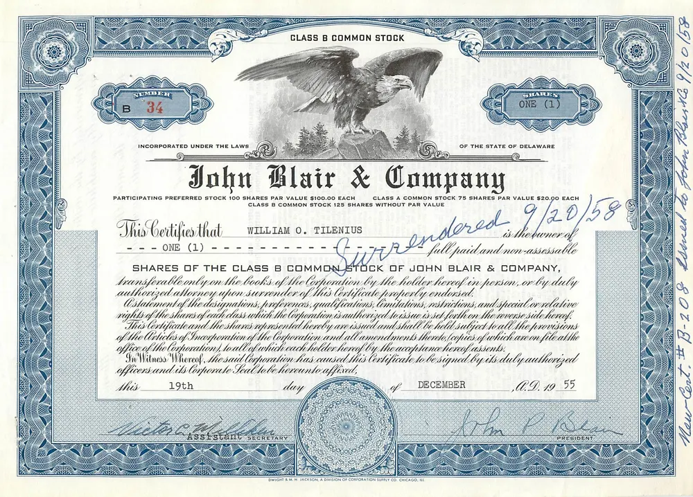 Ação de subscrição de 1 ação da classe B - John Blair & Company - Delaware - Frente