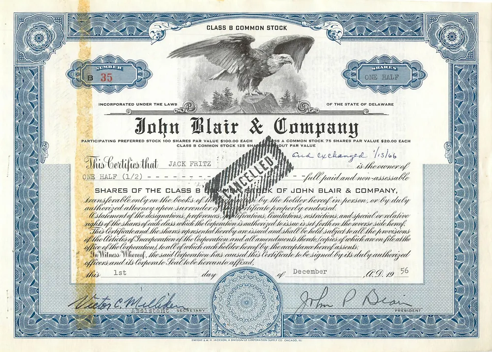 Ação da empresa John Blair & Company — Ação de classe B — N° B 35 - Frente