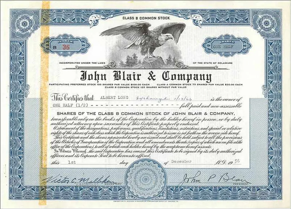 Ação da empresa John Blair & Company — Classe B — emitida em 1956 - Frente