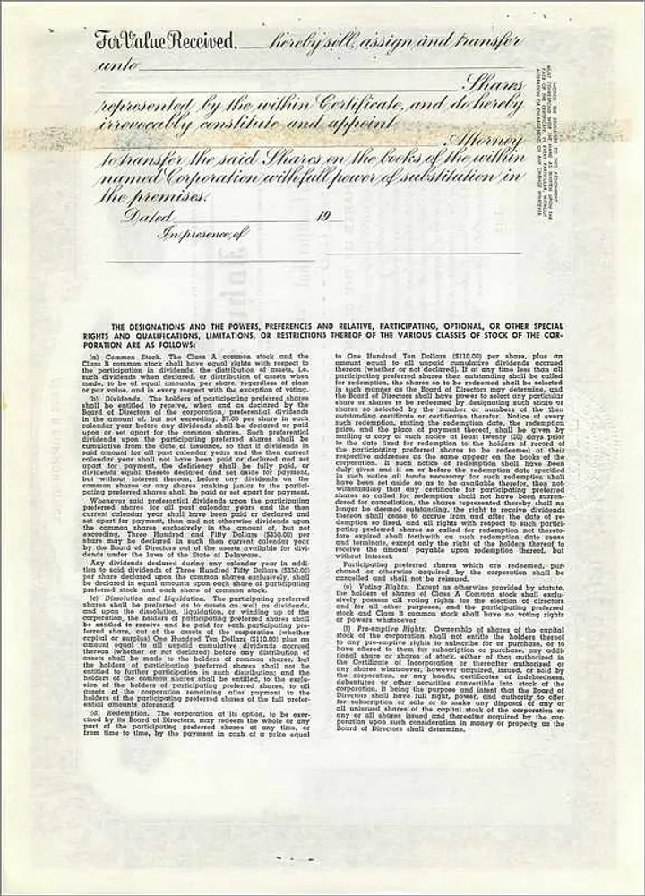 Ação da empresa John Blair & Company — Classe B — emitida em 1956 - Verso