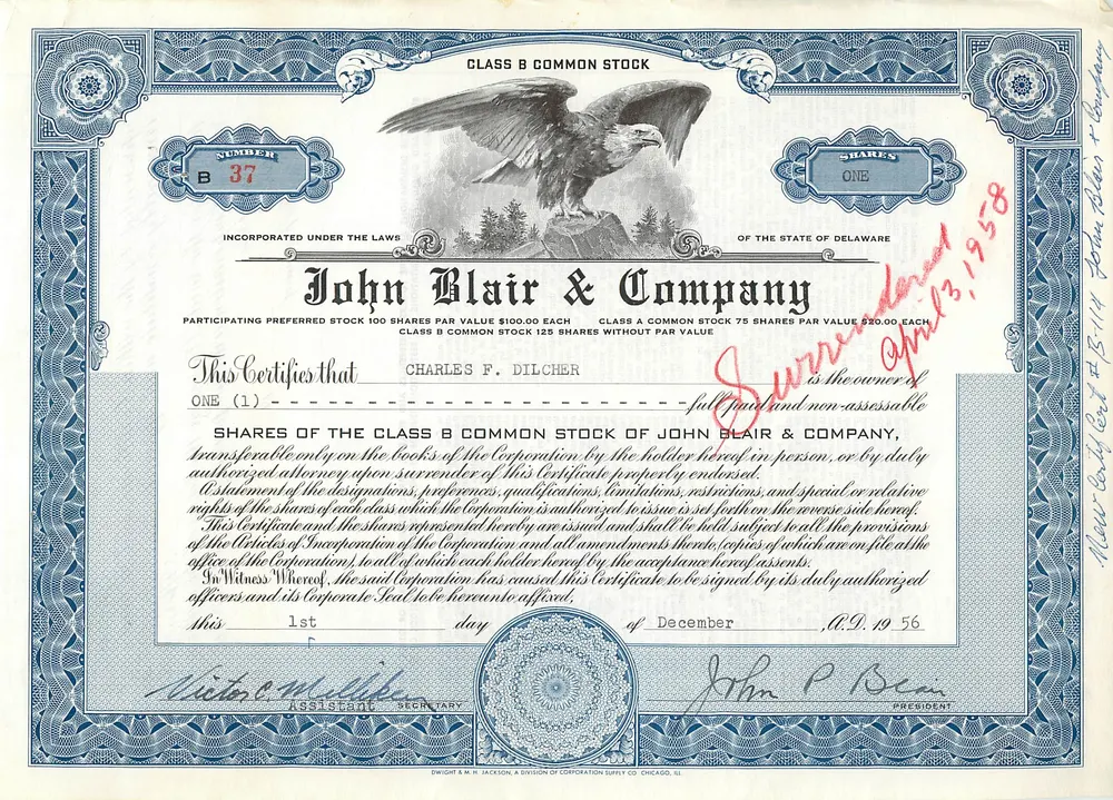 Action de participation de la société John Blair & Company — action de classe B — éditeur Dwight & M. H. Jackson, Chicago - Recto