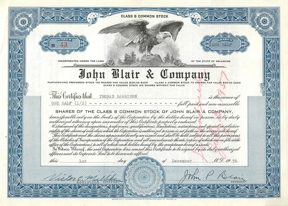 Ação da sociedade John Blair & Company — Ação de classe B — N° 43 — Editor Dwight & M. H. Jackson, Chicago, IL - Frente