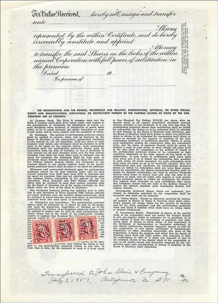 Ação da sociedade John Blair & Company — Ação de classe B — N° 43 — Editor Dwight & M. H. Jackson, Chicago, IL - Verso