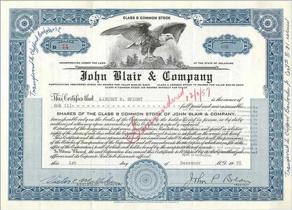 Ação da empresa John Blair & Company — Classe B — N° 34 - Frente