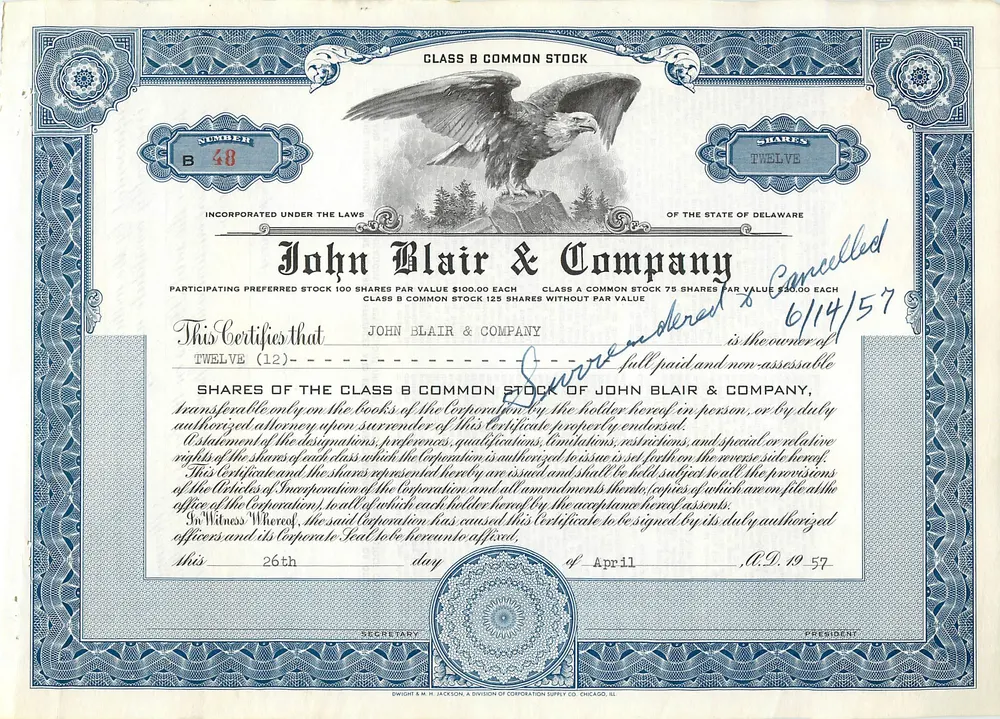 Ação da sociedade John Blair & Company — Ação da classe B — editor Dwight & M. H. Jackson, Chicago, IL - Frente