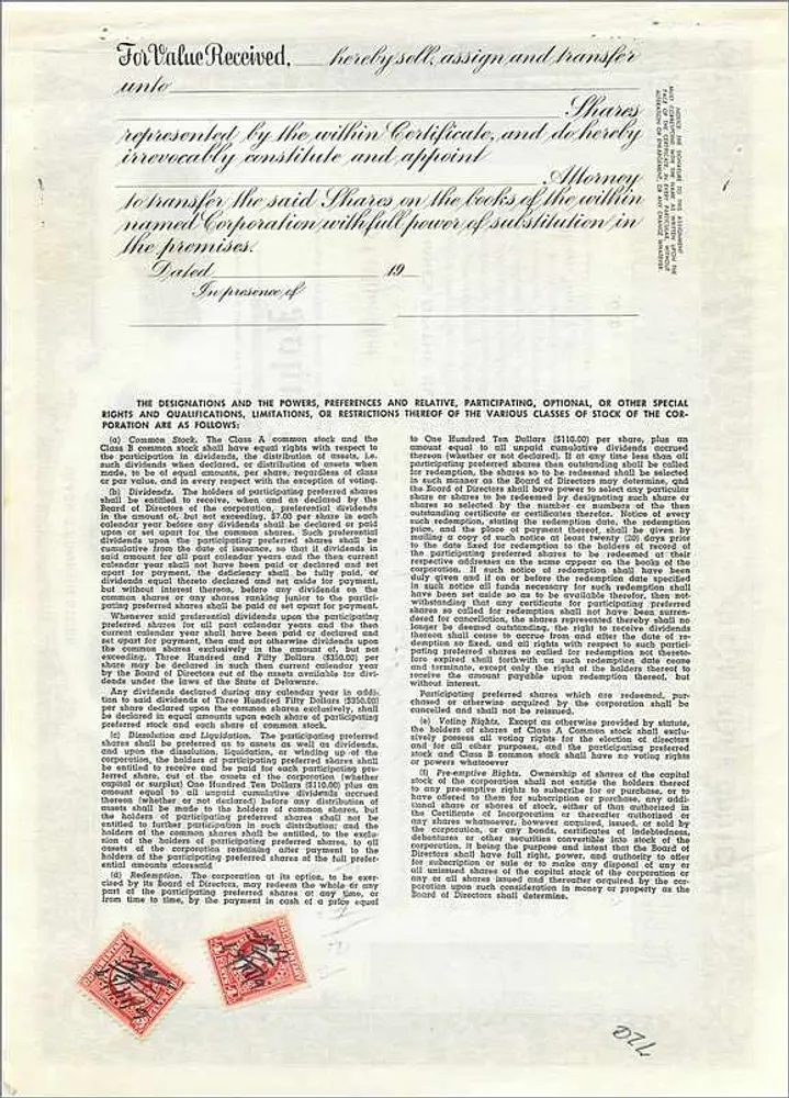 Ação da sociedade John Blair & Company — Ação da classe B — editor Dwight & M. H. Jackson, Chicago, IL - Verso
