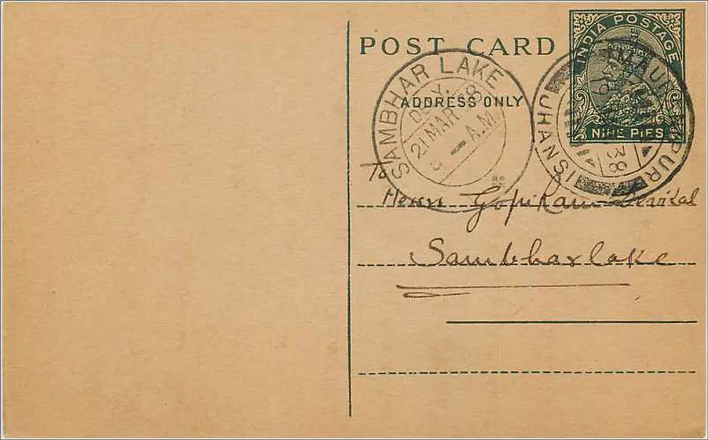 Lago de Sambar — carta postal indiana — editor desconhecido, número de série não visível - Frente