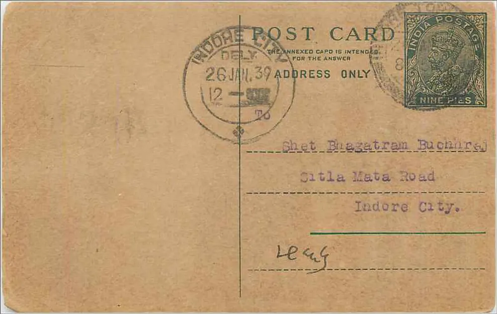 Cidade de Indore — carta postal datada 26 de janeiro de 1939 — India Postage - Frente