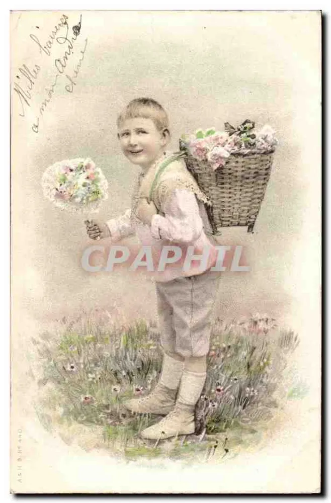 Criança carregando um cesto de flores — AS H. RIMANO — número de série não visível - Frente