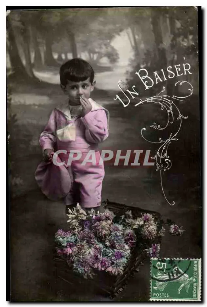 Ein Kuss — Kind mit Blumenstrauß — Verlag nicht sichtbar - Vorderseite