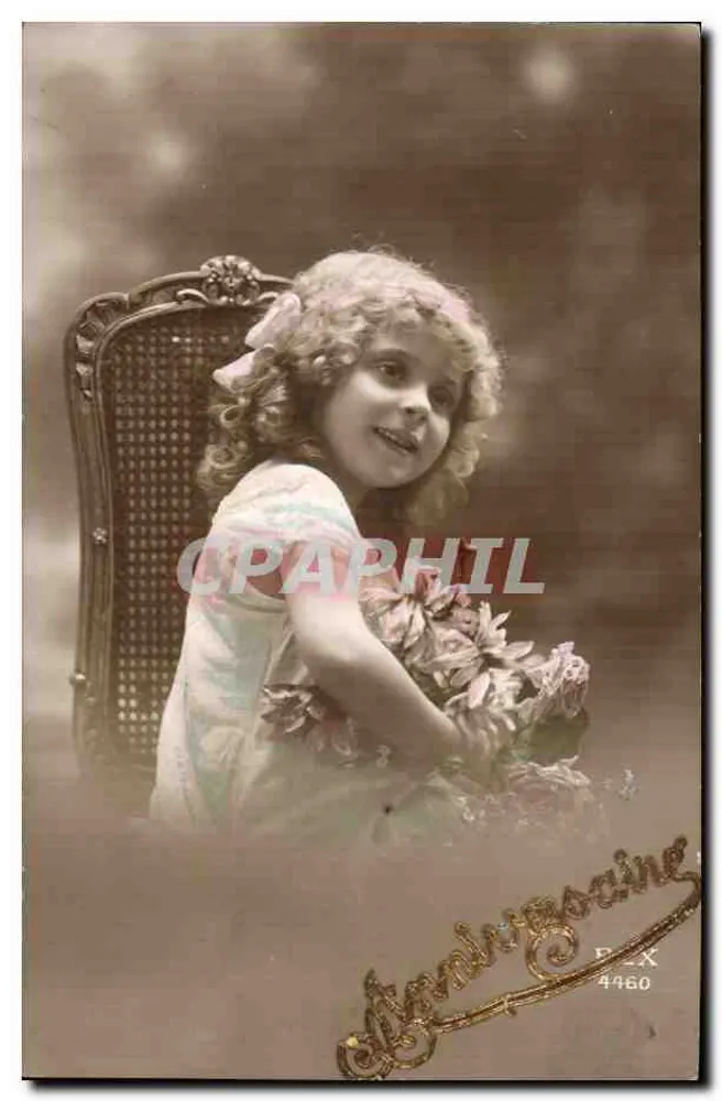 Mädchen auf einem Stuhl mit Korbgestell — mit Blumenstrauß — Verleger Andréusaine, n° 4460 - Vorderseite