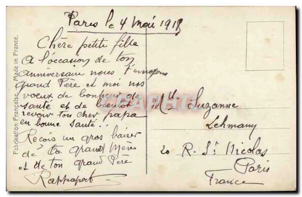 Mädchen auf einem Stuhl mit Korbgestell — mit Blumenstrauß — Verleger Andréusaine, n° 4460 - Rückseite