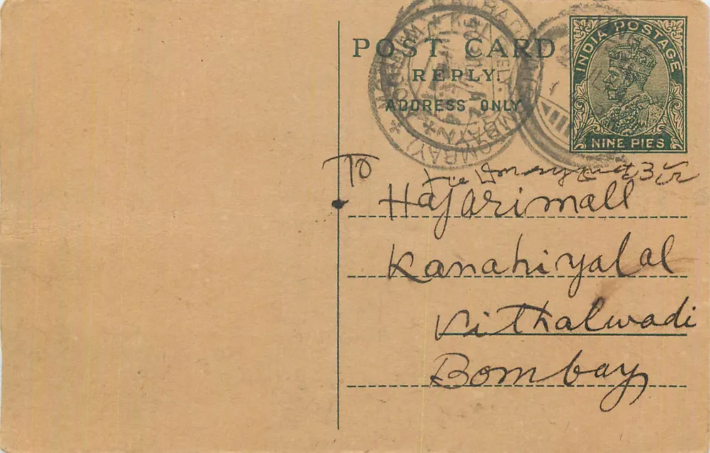 Carta postal indiana — Bombay — selo de 9 pence e carimbo postal - Frente