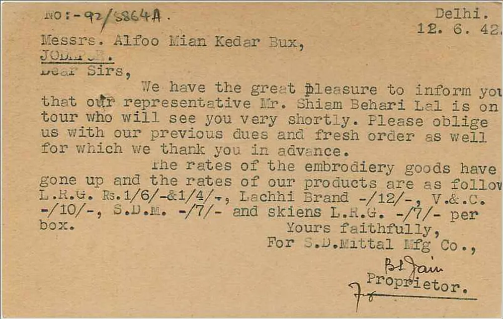 Delhi — S.D. Mittal Mfg. Co. — Carta postal comercial - Verso