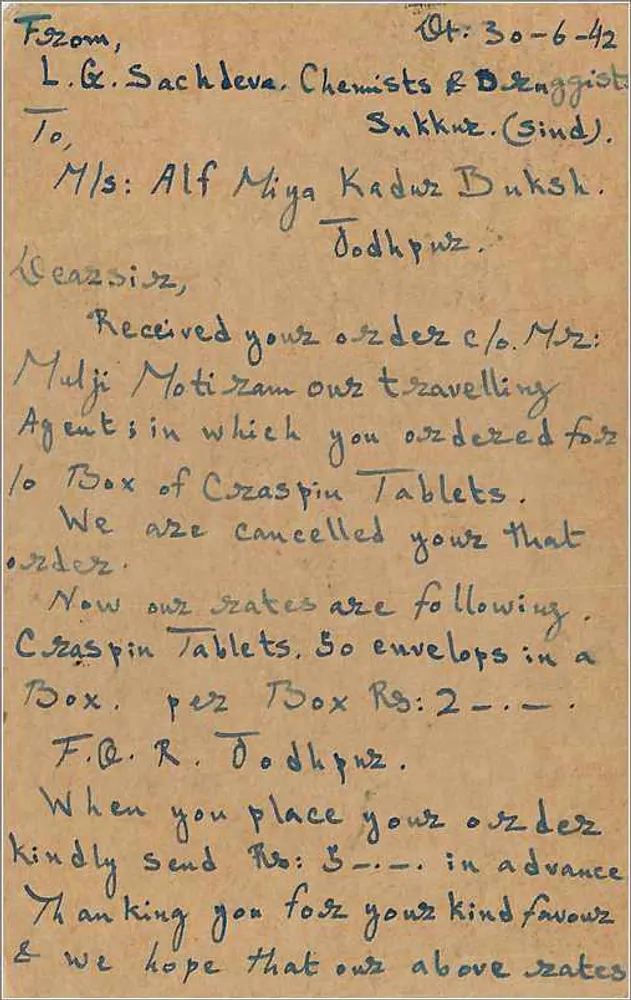 Carta postal comercial — L.G. Sachdeva & Co., Sūkkūz (Sind) — destinada a Alf Miya Kaduz Buksh em Todhpur, Rajputana - Verso