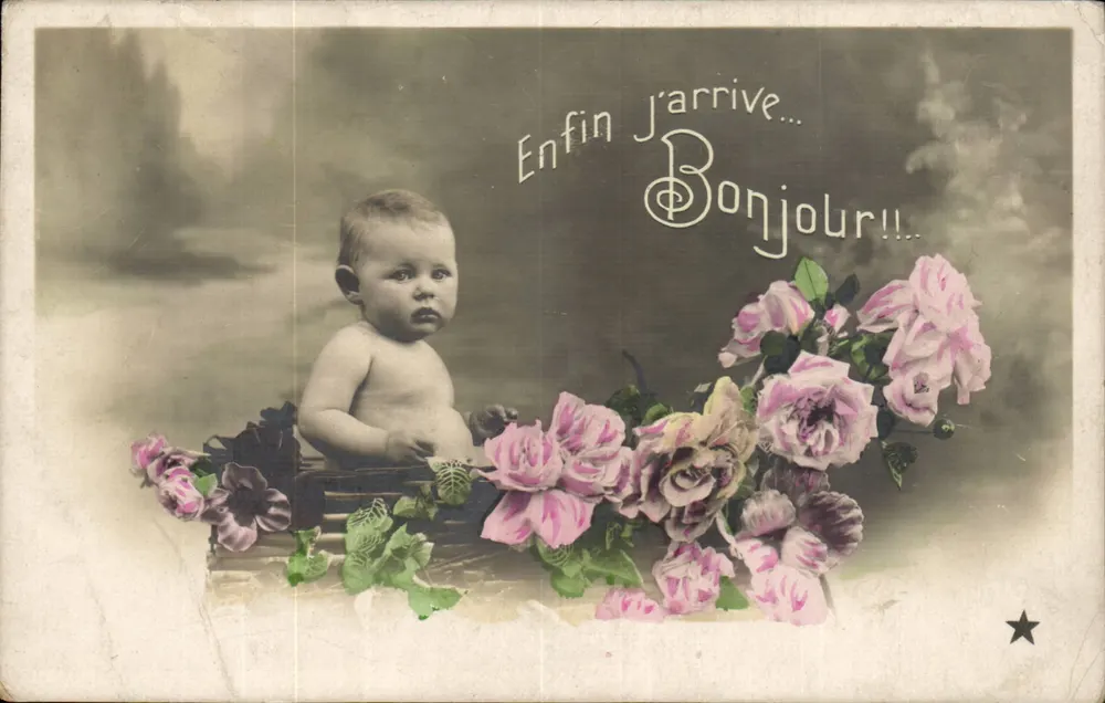 Baby in einem Rosenkorb — Endlich komme ich... Hallo!!! — Ansichtskarten 'ÉTOILE' Serie Nr. 929 - Vorderseite