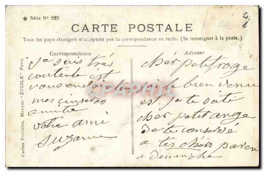 Baby in einem Rosenkorb — Endlich komme ich... Hallo!!! — Ansichtskarten 'ÉTOILE' Serie Nr. 929 - Rückseite