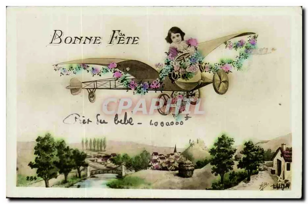 Frau in einem mit Blumen dekorierten Flugzeug — Frohe Geburtstagskarte — Verlag LUCHA, Nr. 284 - Vorderseite