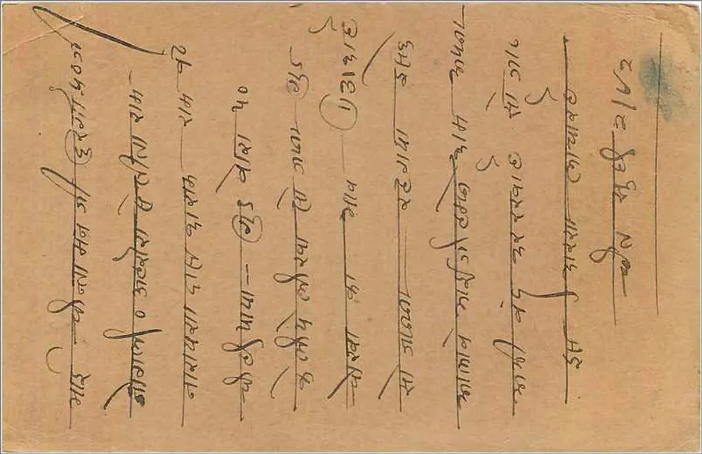 Carta postal indiana — selo de 9 pias — destinada a Selh-Chinlaman, Surgaprasad, Sangar C.P. - Verso