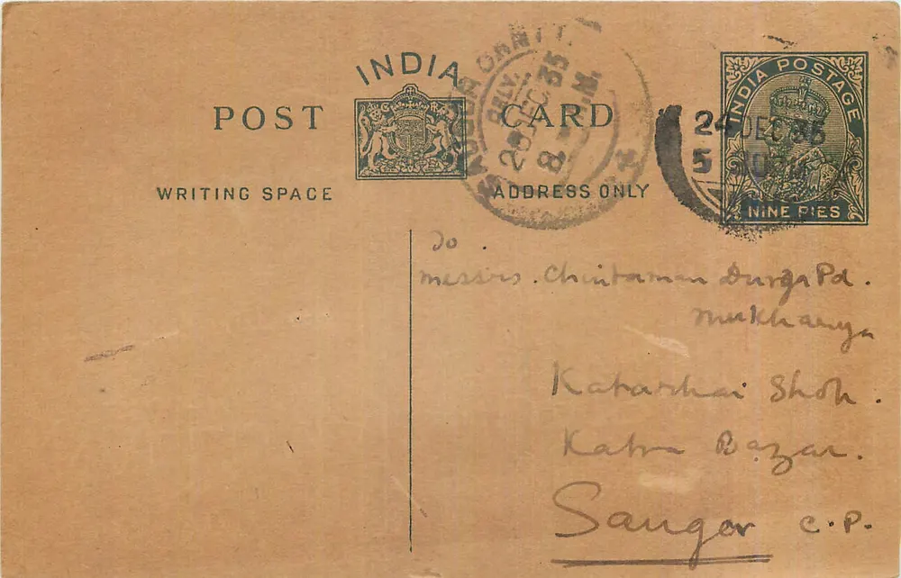 Carta postal indiana — 24 de dezembro de 1907 — selo de 9 pence — destinatário em Sangor - Frente