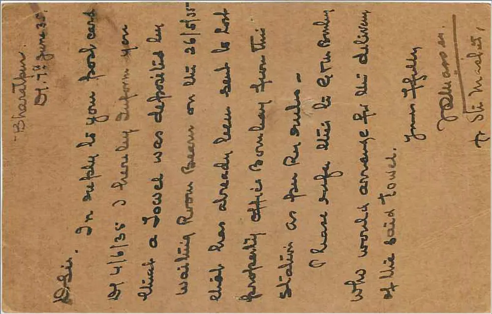Bharatpur — carta postal indiana datada de 8 de junho de 1930 — editor India Postage - Verso