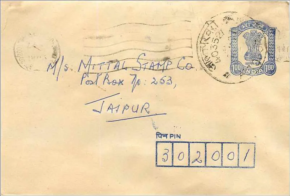 Jaipur — Envelope com selo de 100 rupias — Mittal Stamp Co. - Frente
