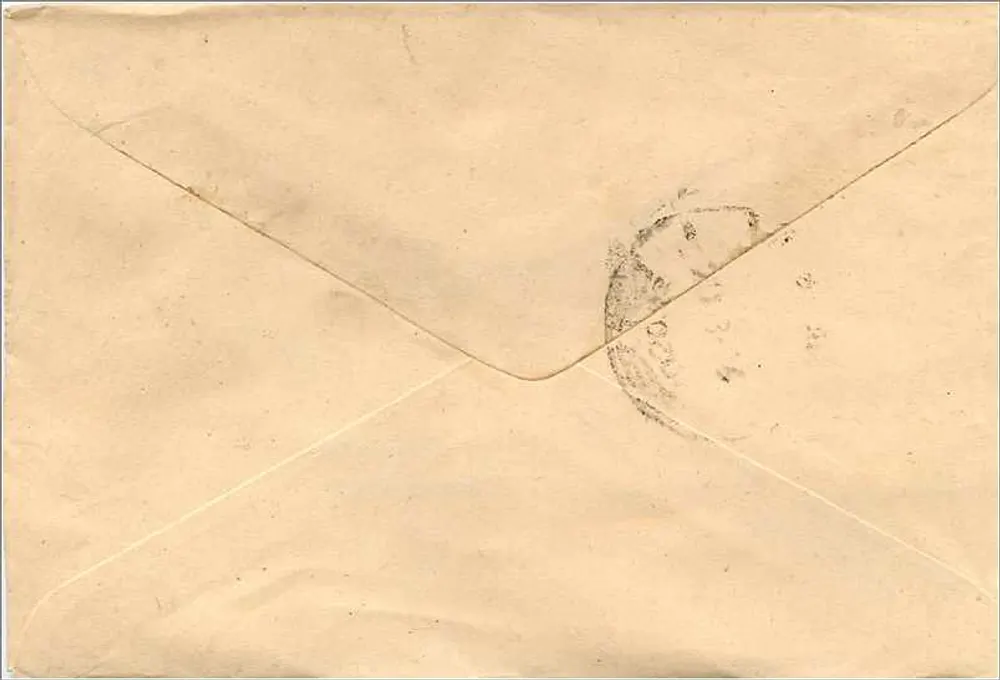 Envelope postal indiano — texto em escrita devanagari — selo 100 p. — datado em torno de 1950 - Verso