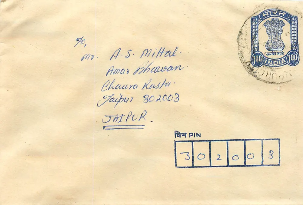 Jaipur — envelope com endereço para Sr. A.S. Mittal — selo 100 INDIAS - Frente