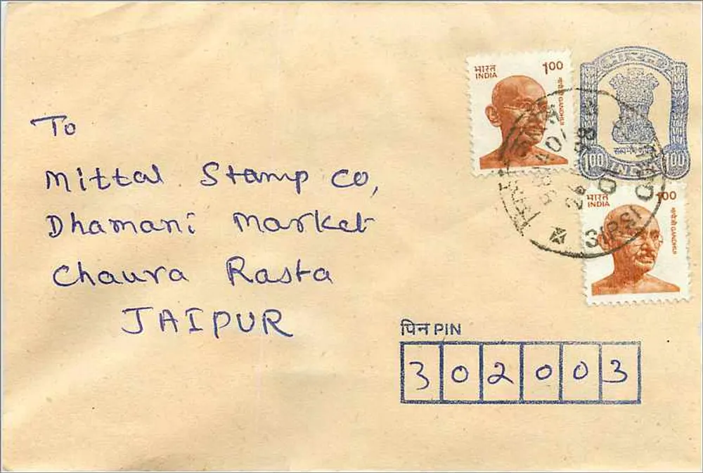 Jaipur — Envelope com endereço para Mittal Stamp Co — selos Gandhi e 100 INR - Frente