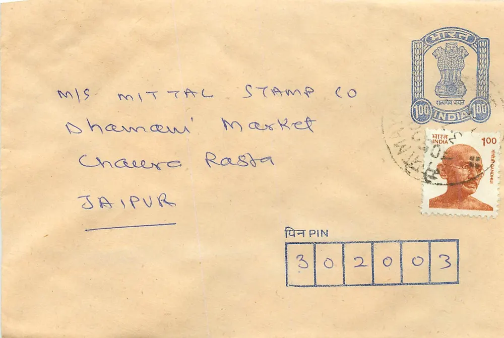 Jaipur — Envelope endereçado à M/s Mittal Stamp Co — selo de 100 roupias Gandhi - Frente