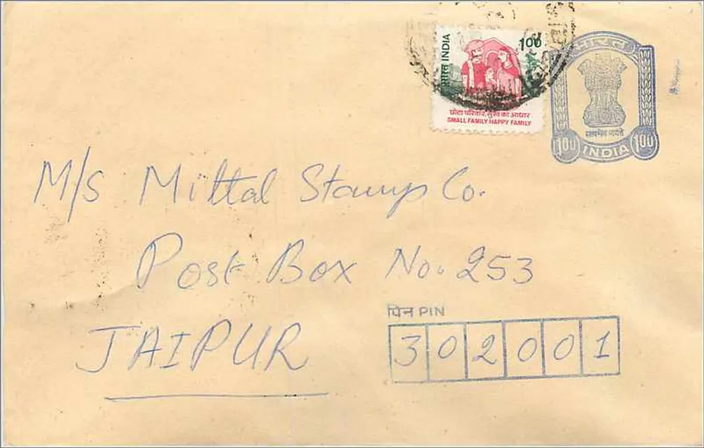 Jaipur — carta postal com selos e carimbo de envio — editor: M/s Mittal Stamp Co. - Frente