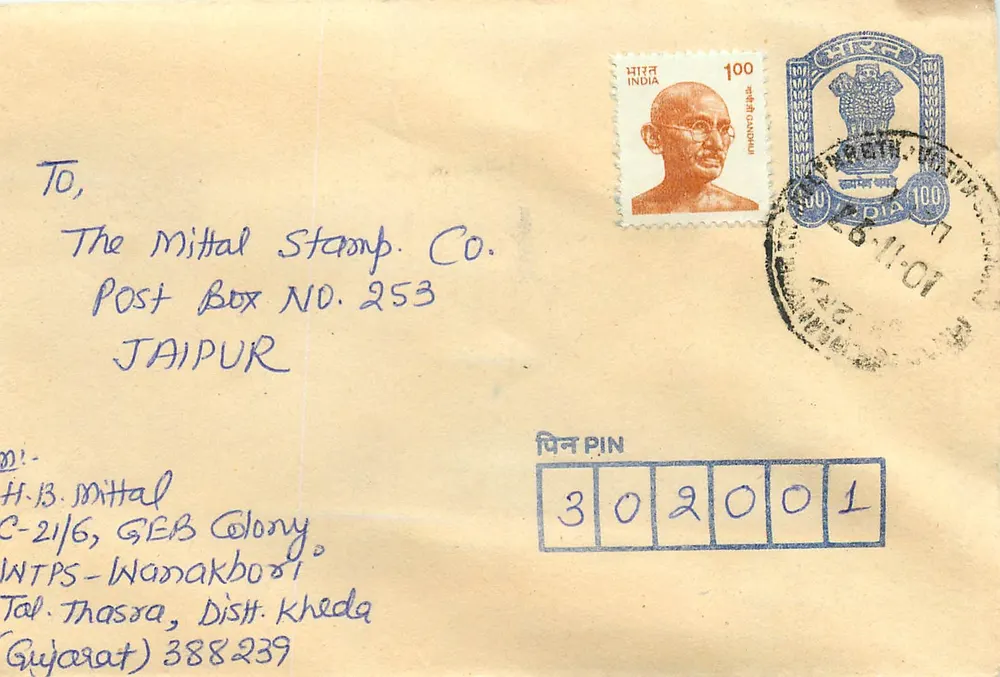 Carte postale endereçada à The Mittal Stamp Co. em Jaipur — selo Gandhi 100, data de carimbo 10-11-1967 - Frente