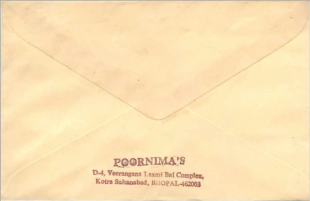 Envelope para S.L. B.K. Poddar, Stamp Syndicate, 19 Chandni Chowk, Calcutta — selo 100 INDIAS — destinatário em Bhopal - Verso