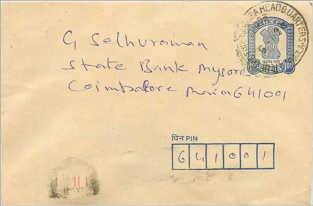 Coimbatore — Envelope endereçado a G. Selvuraman em Mysore — Escritório de correios de Coimbatore - Frente