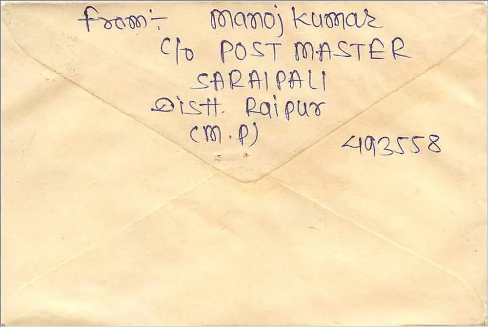 Carta postal enviada de Sarai Pali para Jaipur — destinada à Mittal Stamp Co. — selo de 100 p. Índia - Verso