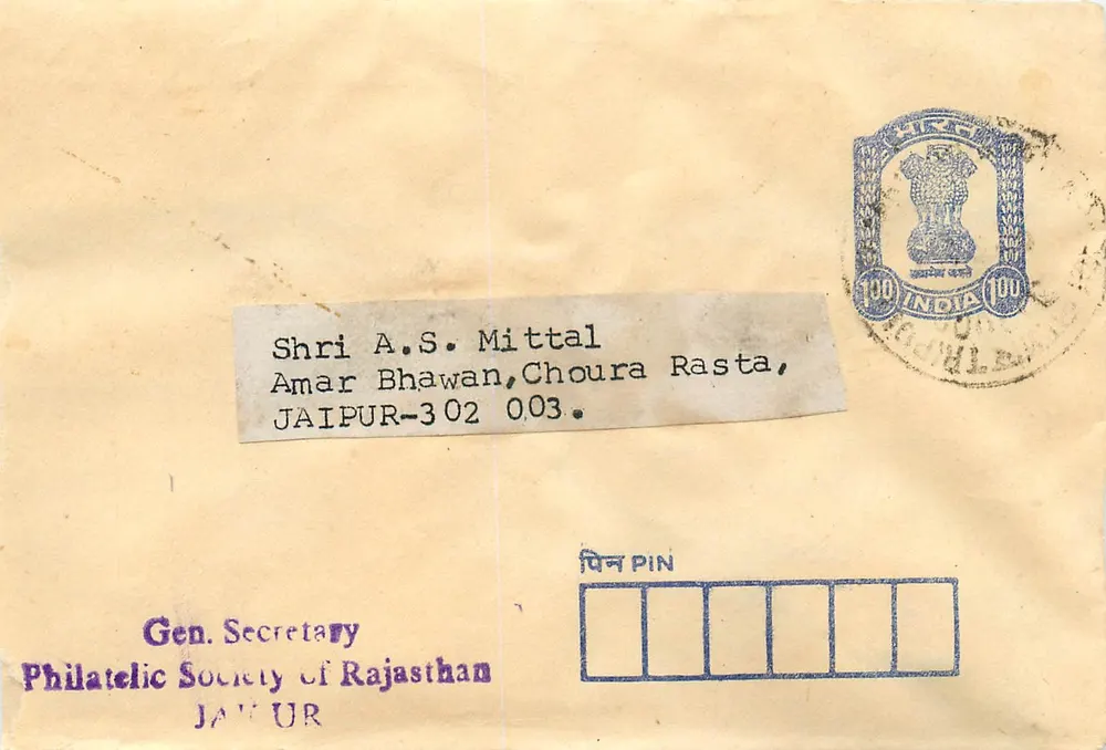 Jaipur, Rajasthan — Envelope da Philatélica Society of Rajasthan — Editor: Philatélica Society of Rajasthan - Frente
