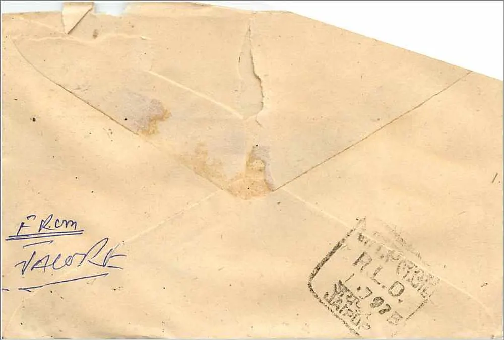 Carta postal indiana — enviada de TACORI (Jharkhand) em torno de 1975 — selo de 100 roupies - Verso