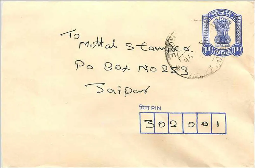 Envelope destinado a Mital Stampco em Saipan — selo de 100 INR, carimbo indiano - Frente
