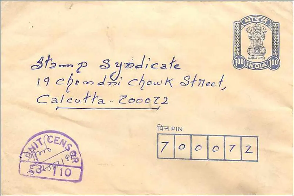 Envelope postal indiano — Stamps Syndicate, Calcutta — selo de 100 INR - Frente