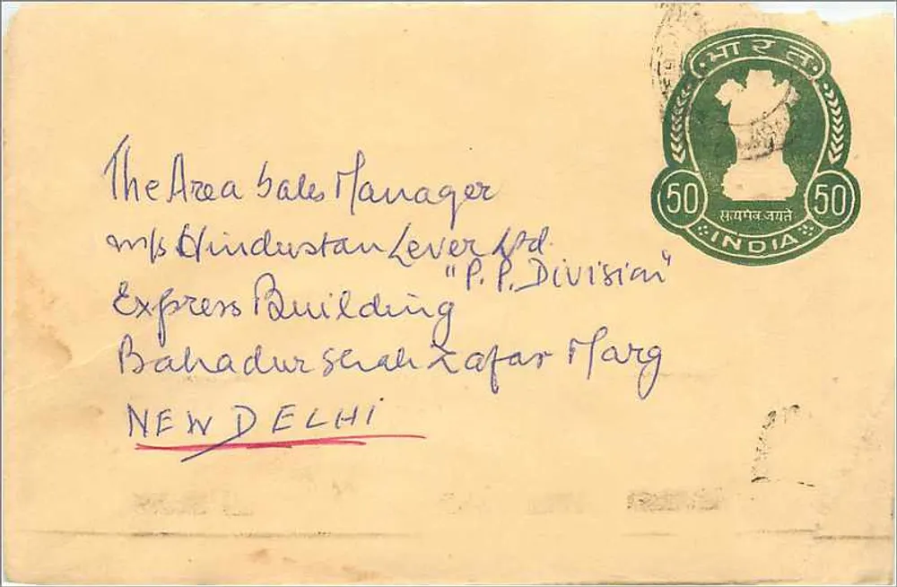 Nova Deli — Carta postal endereçada ao gerente regional da Hindustan Lever Ltd — editor Prince Traders, Allahabad - Frente