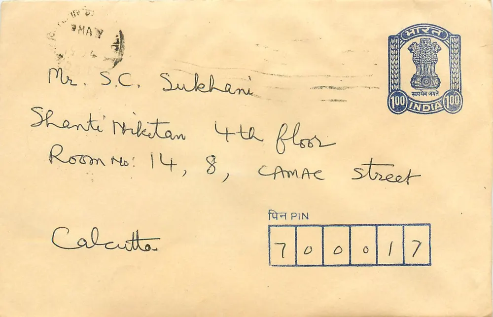 Calcutta — Envelope endereçado ao Sr. S.C. Sukhiani — selo 100 INDIAN - Frente
