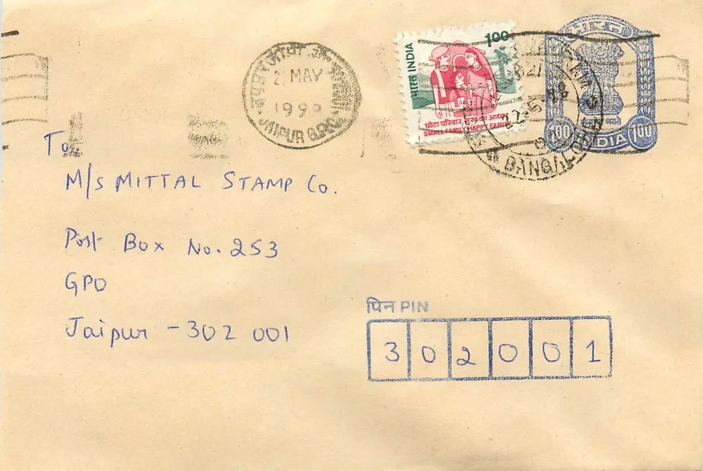 Jaipur - Bangalore — Envelope postal com selos e carimbo de data - Frente
