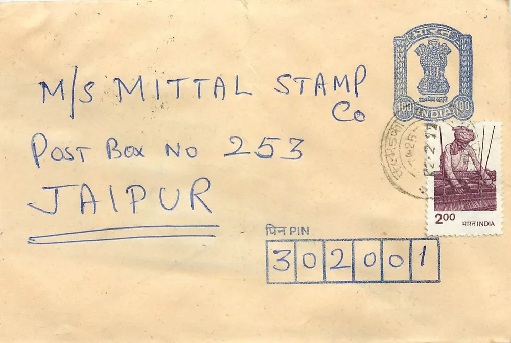Jaipur — carta postal com selos e carimbo de envio — M/s Mittal Stamp Co. - Frente