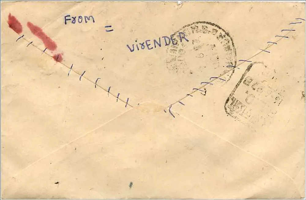 Indische Ansichtskarte — gesendet von Jaipur nach Bhiwani — 100-Rupien-Stempel mit Gandhi - Rückseite
