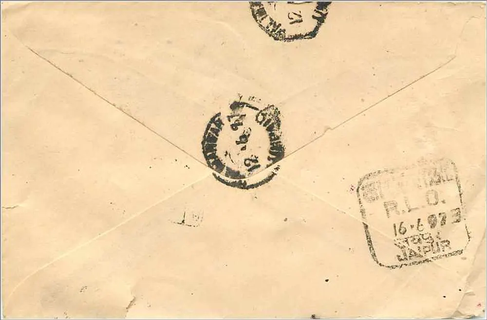 Japura — Índia — selo de 100 rupias — carimbo R.L.O. JAPUR 16-6-1973 - Verso